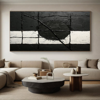 Black, White, Textured Grid "Monochrome Maze" Abstract Minimalist Painting On Canvas HB074