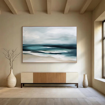 “Muted Coastal Calm” - Gray, Teal, Beige, Abstract Beach - Minimalist Oil Painting HB1507