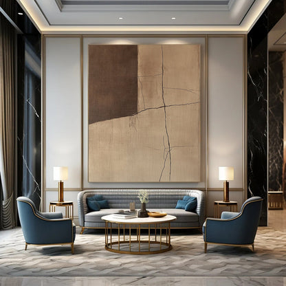Contemporary abstract artwork showcasing textured wall cracks in warm brown and beige tones inspired by Jean-Que Demoiselle's unique style. DLZ0860