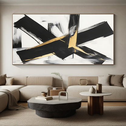 Black, White, Gold, Gray, Textured Triangles "Gilded Terrain" Abstract Cubist - Inspired Painting On Canvas HB120