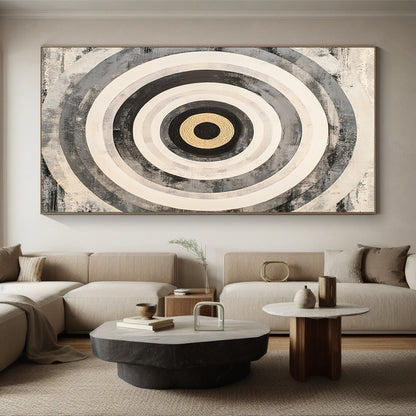 Black, White, Gray and Gold Concentric Circles "Subtle Vortex" Painting On Canvas HB382