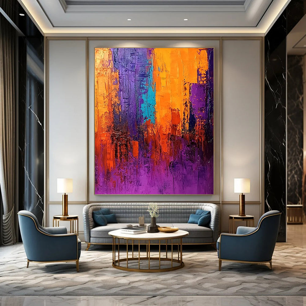 Contemporary abstract painting in vivid purple orange and blue with thick brush strokes dramatic lighting and rich texture create an atmospheric cityscape. DLZ0371