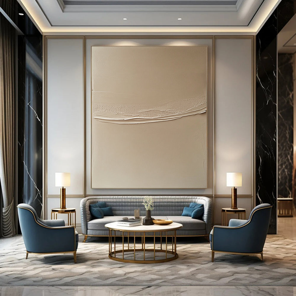 Contemporary abstract artwork featuring a beige wall with a delicate white line, highlighting contrasting textures and subtle shadows for depth. DLZ1434