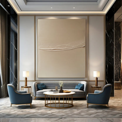 Contemporary abstract artwork featuring a beige wall with a delicate white line, highlighting contrasting textures and subtle shadows for depth. DLZ1434