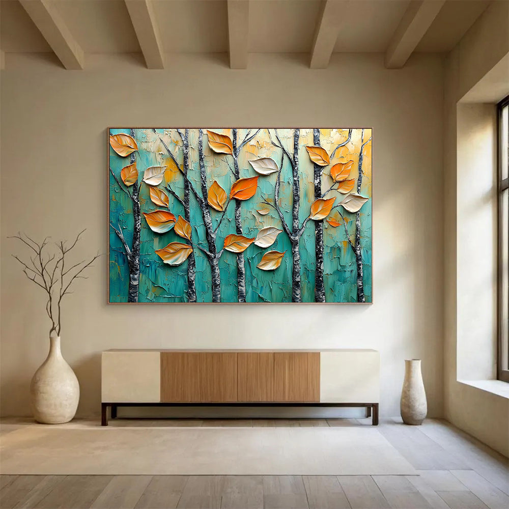 “Autumn Trees in Relief” - Teal, Orange, Textured Leaves & Trees Painting On Canvas HB0729