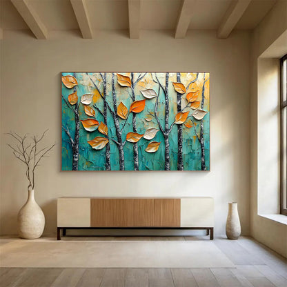 “Autumn Trees in Relief” - Teal, Orange, Textured Leaves & Trees Painting On Canvas HB0729