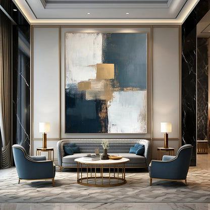 Contemporary abstract artwork featuring bold brush strokes in white, grey, beige, and blue with striking gold accents for a vibrant decor statement. DLZ0344
