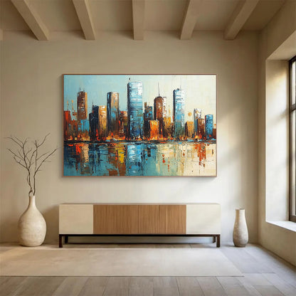 “Cityscape Reflections” - Blues, Browns, Oranges, Urban Skyline - Impressionist Oil Painting HB1591