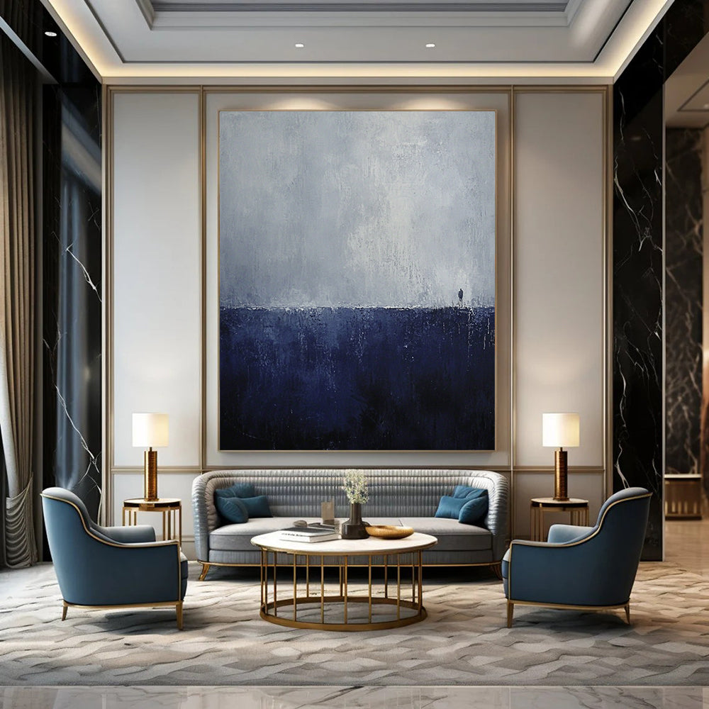 Large contemporary abstract painting featuring dark blue and gray tones minimalist landscape evoking loneliness and mystery with an endless horizon and heavy rain effect. DLZ0738