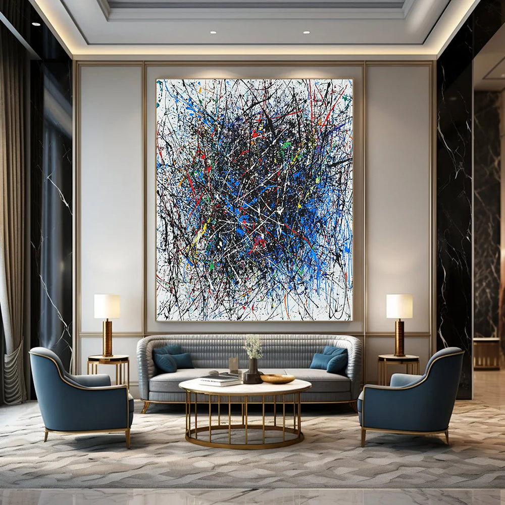 Contemporary hand-painted abstract artwork featuring vibrant interlaced lines in blue red black white green and purple with dynamic shapes enhancing its energy. DLZ1285