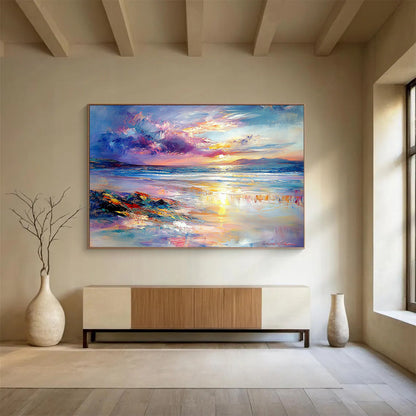 “Colorful Coastal Sunset” - Purple, Pink, Orange, Blue, Beach and Sky - Impasto Oil Painting HB1702