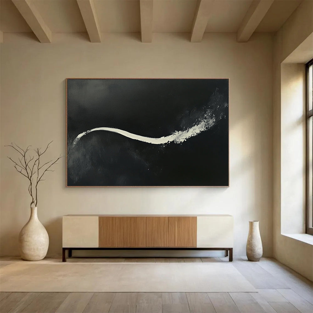 “White Stream on Black” - Bold white, deep black, Abstract Expressionist Painting On Canvas HB0608