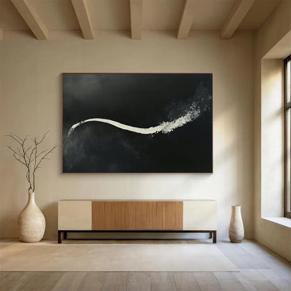 “White Stream on Black” - Bold white, deep black, Abstract Expressionist Painting On Canvas HB0608