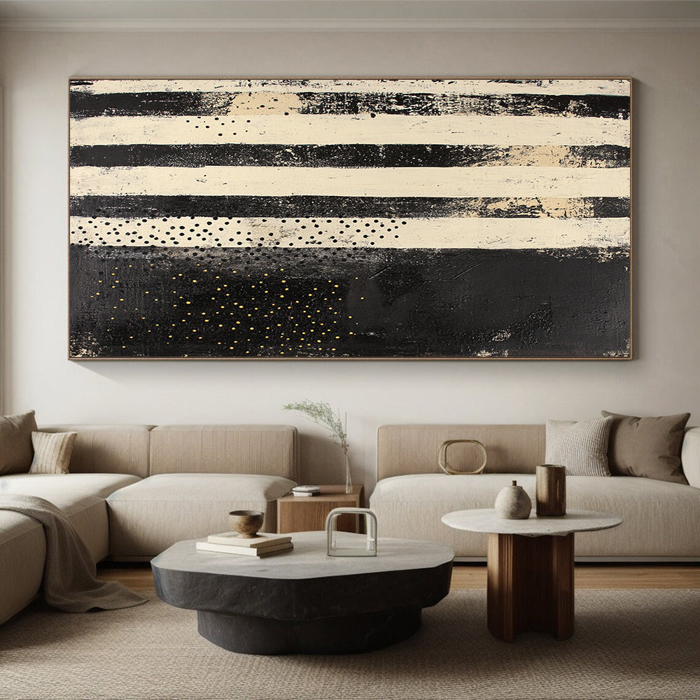 Black, White & Gold Striped Dots - “Vintage Star Map” Painting On Canvas HB196