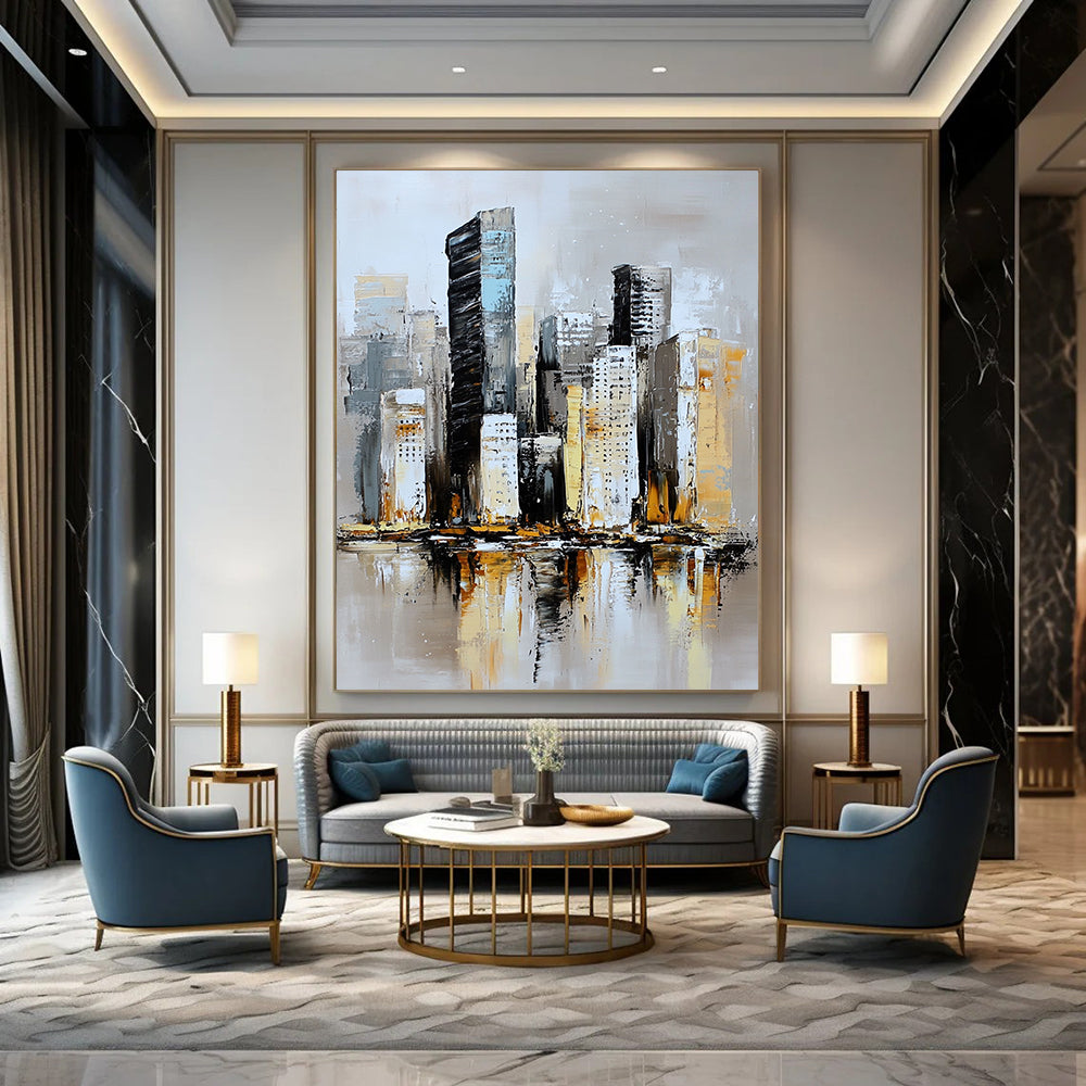 Contemporary abstract painting featuring a textured neutral-toned skyline with soft brushstrokes and serene reflections on water in a muted atmosphere. DLZ0852