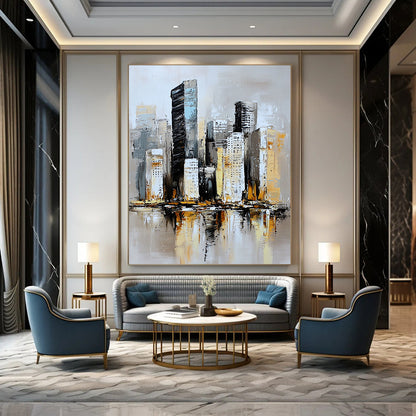 Contemporary abstract painting featuring a textured neutral-toned skyline with soft brushstrokes and serene reflections on water in a muted atmosphere. DLZ0852