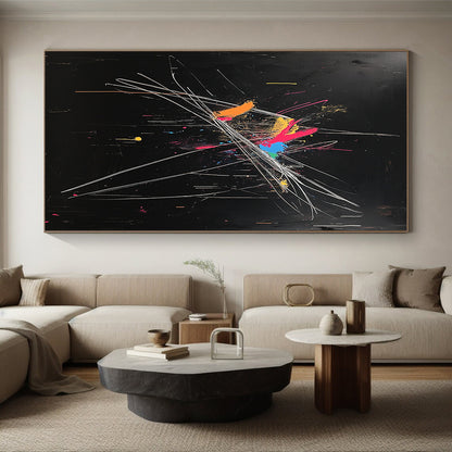 Black, Colorful Blobs, White Strokes "Dynamic Fusion" Abstract Painting On Canvas HB022
