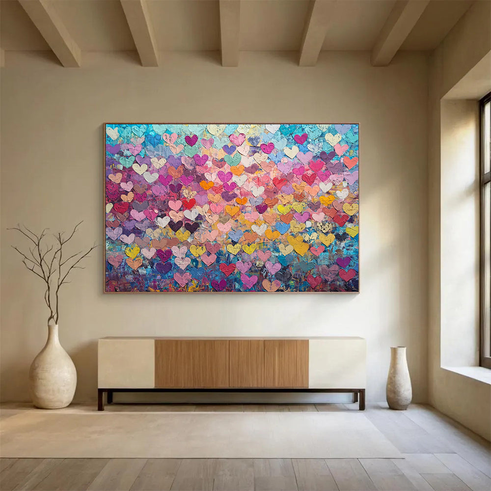 “Colorful Heart Collage” - Multicolor hearts, vibrant background, Textural Abstract Painting On Canvas HB0596