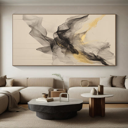 Beige, Gray, Gold, Flowing Shapes "Golden Veil" Abstract Painting On Canvas HB027