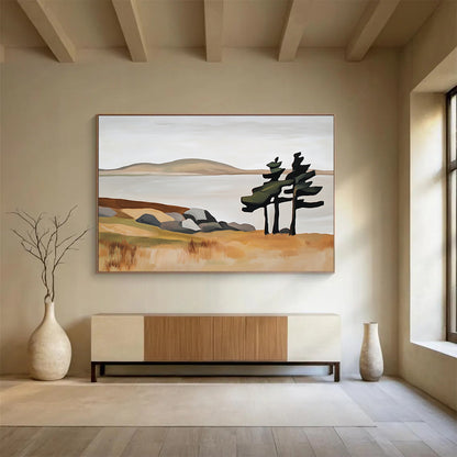 “Minimalist Landscape with Trees” - Beige, Green, Gray, Simplified Nature Scene - Acrylic Painting HB1647