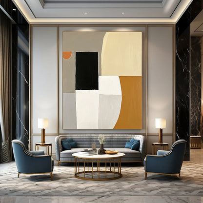 Contemporary hand-painted abstract artwork featuring white and gray shapes, a black square, an orange element, and a simple form in the top left corner. DLZ0932