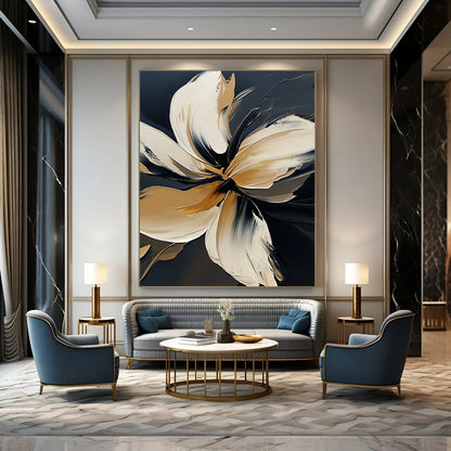 Contemporary abstract floral painting in bold white on black, featuring elegant detailing and atmospheric brushstrokes with golden highlights in high resolution. DLZ0826