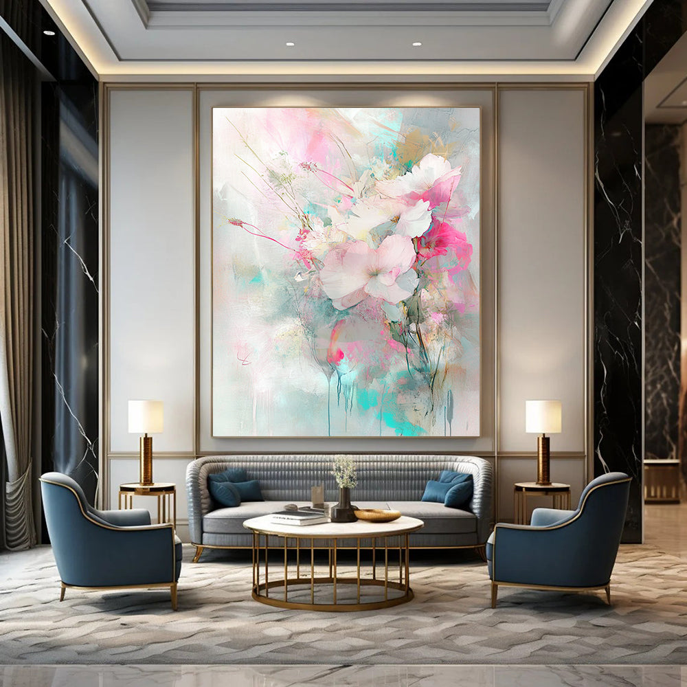 Vibrant contemporary hand-painted abstract art featuring flowers and plants in light pink and turquoise with delicate brushstrokes and soft lighting. DLZ0981