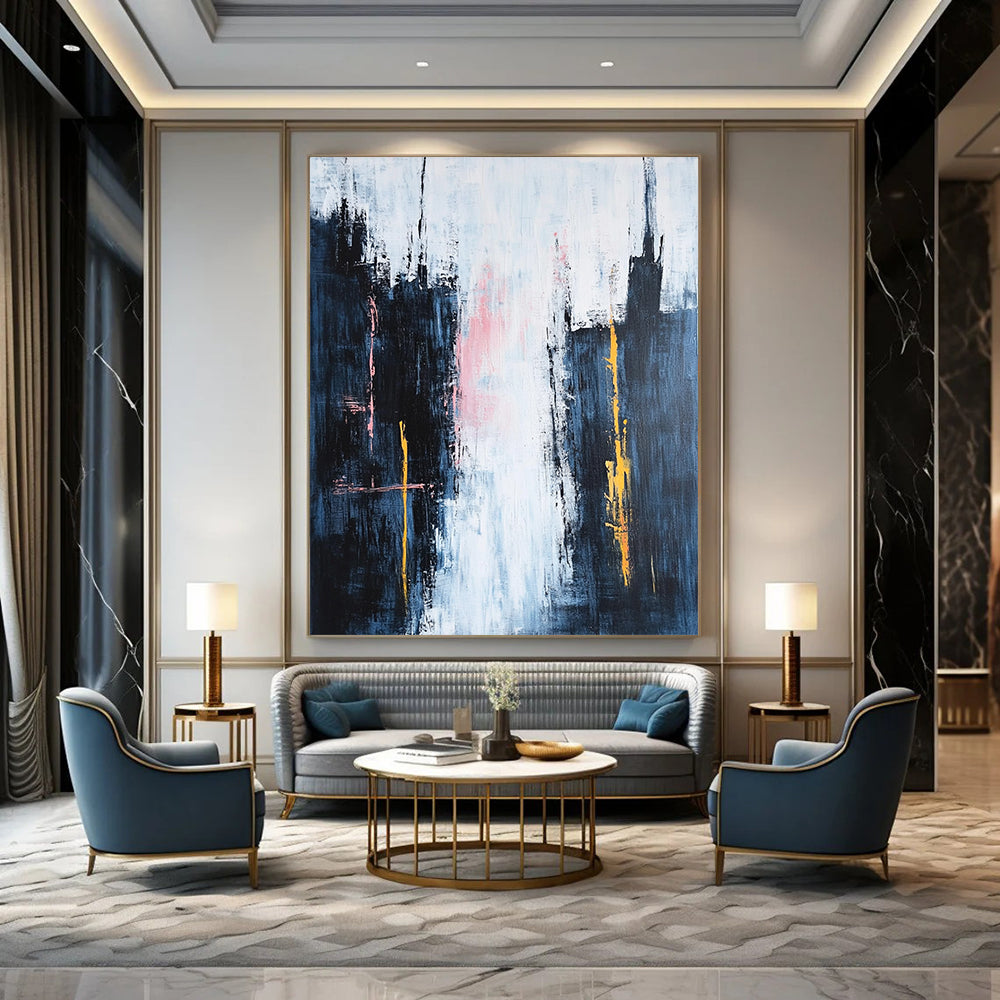 Contemporary hand-painted abstraction featuring dark blue spires against a white sky with pink clouds and vibrant yellow and orange accents in a minimalist style. DLZ0646