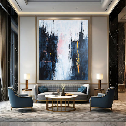 Contemporary hand-painted abstraction featuring dark blue spires against a white sky with pink clouds and vibrant yellow and orange accents in a minimalist style. DLZ0646