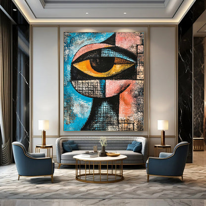 Contemporary hand-painted abstract art featuring a cubist eye in blue, pink, and black with dynamic shapes and textured depth for striking composition. DLZ1237