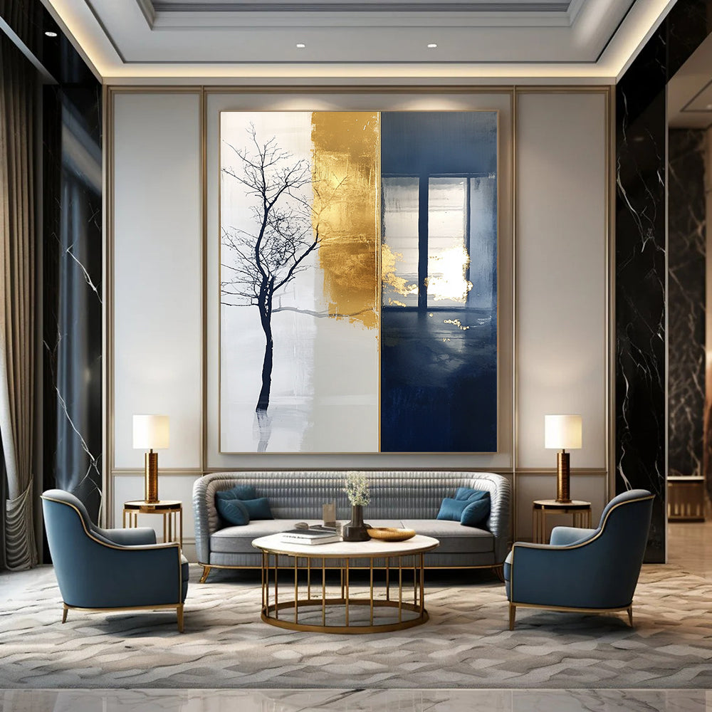Contemporary large hand-painted abstract artwork features a striking blend of tree motifs and branches against a rich dark blue background. DLZ1509
