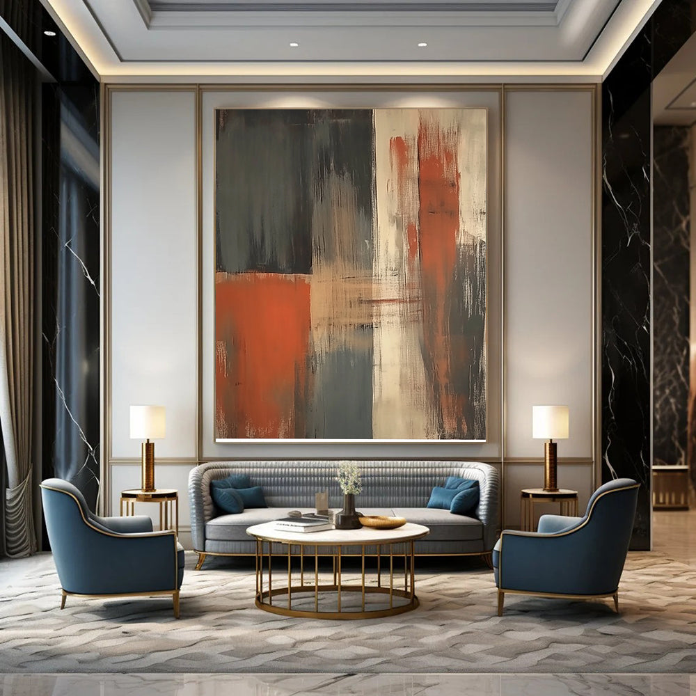 Contemporary hand-painted abstract art featuring a striking orange grey and beige vertical brushstroke on a dark gray background. DLZ1018