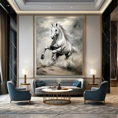 Contemporary hand-painted abstract art featuring a silver horse galloping across vast grassland with exquisite details and vibrant colors illuminated by sunlight. DLZ1660