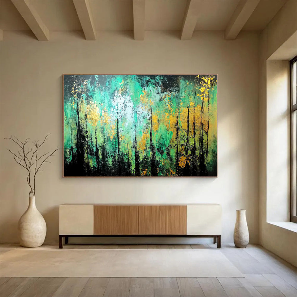 “Enchanted Forest Abstract” - Green, Teal, Gold, Black with Tree - like Forms - Painting On Canvas HB1382
