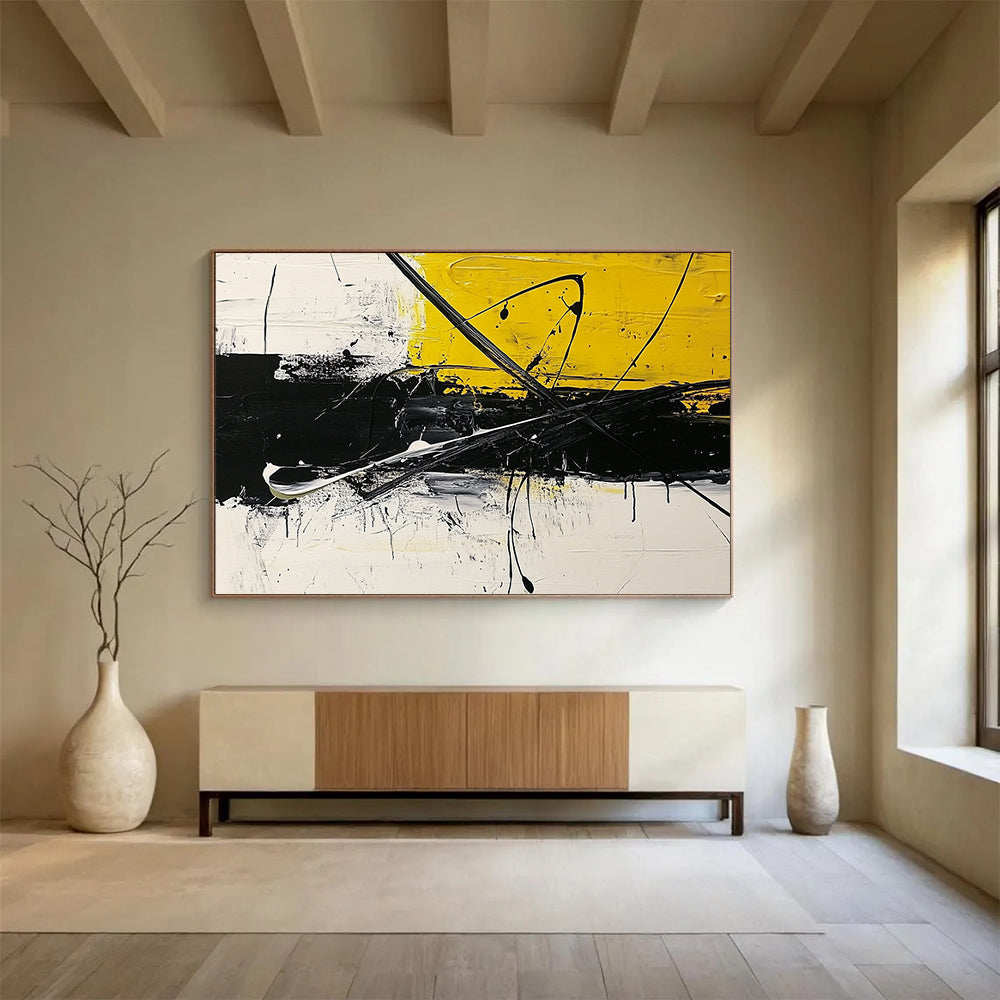 “Bold Yellow - Black Strokes” - Yellow, Black, White, Dynamic Abstract Lines - Acrylic Painting HB1626