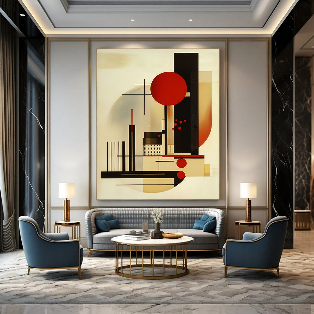 Contemporary hand-painted abstract art featuring geometric shapes primary colors black lines and red dots balanced composition with an abstract cityscape and figures. DLZ1419