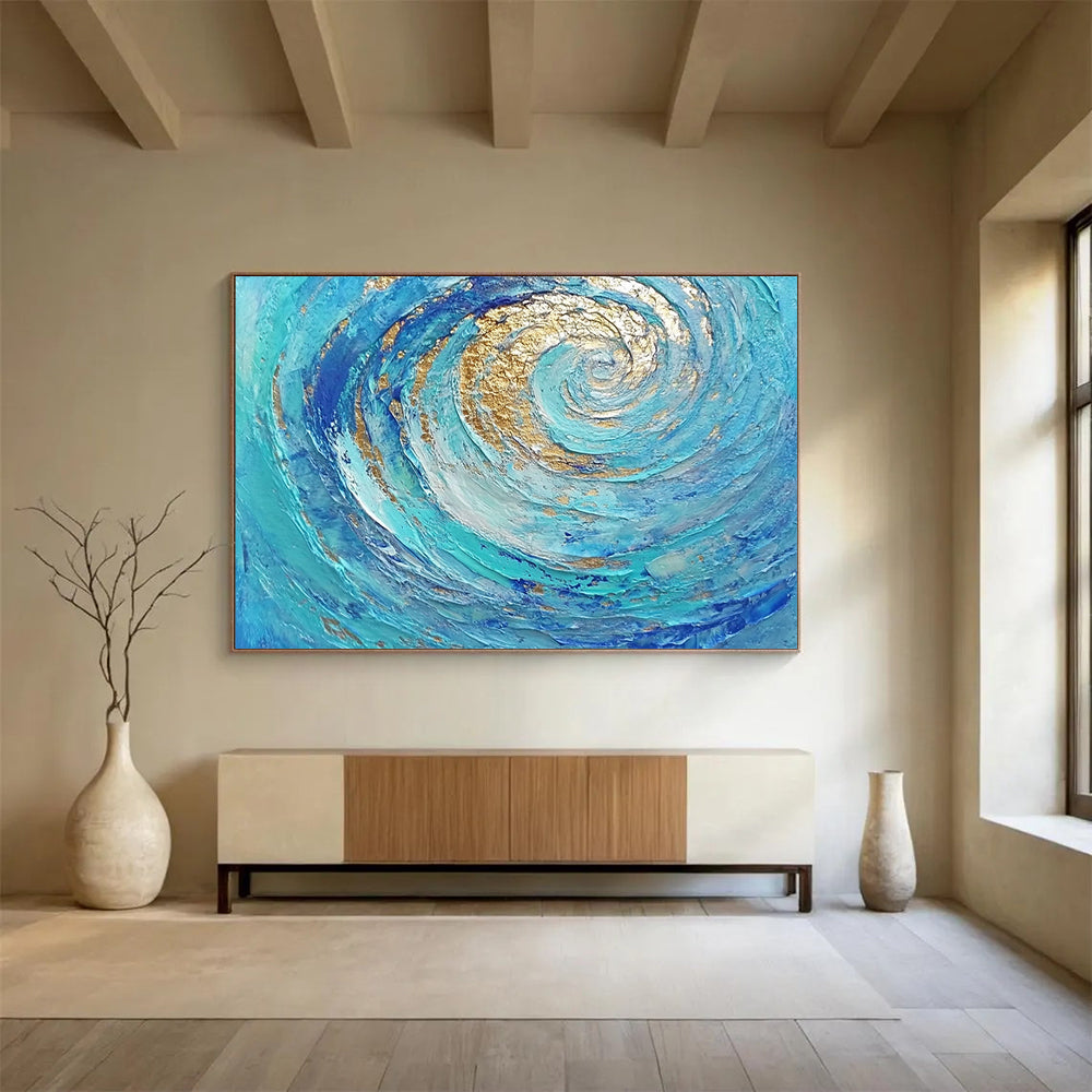 “Golden - Blue Spiral Flow” - Blue, Gold, Spiral Waves Painting On Canvas HB0726
