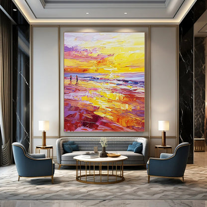 Contemporary abstract painting featuring vibrant sunset hues with palette knife textures and small figures on a beach during golden hour. DLZ0476