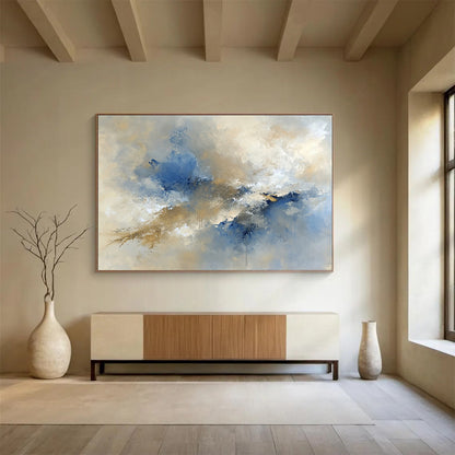 “Ethereal Blue - Beige Cloud Bursts” - Blue, Beige, White, Abstract Cloud - like Forms Painting On Canvas HB0978
