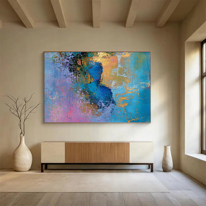 “Ethereal Blue Figure” - Blue, Purple, Gold, Abstract Portrait Painting On Canvas HB0999