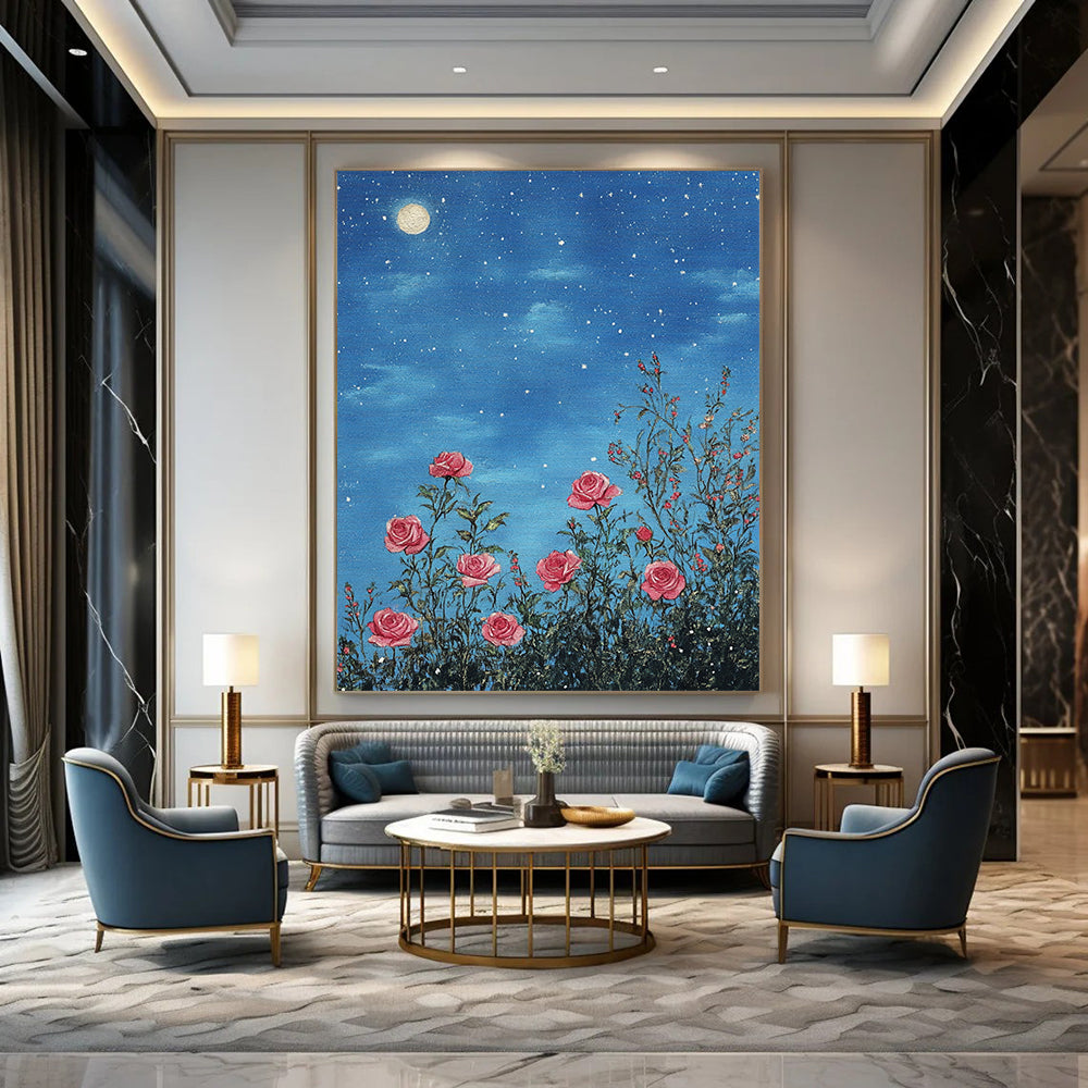 Contemporary abstract art featuring pink roses under starry skies detailed in soft pastels with a vintage touch and intricate lace design. DLZ1254