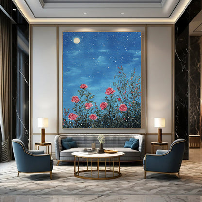 Contemporary abstract art featuring pink roses under starry skies detailed in soft pastels with a vintage touch and intricate lace design. DLZ1254