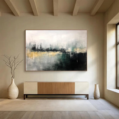 “Gray - Green Abstract Cityscape” - Gray, Green, Abstract Cityscape Painting On Canvas HB1112