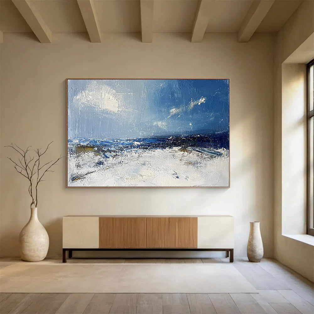 “Blue and White Coastal Abstract” - Blue, White, Seaside Motifs Painting On Canvas HB0871