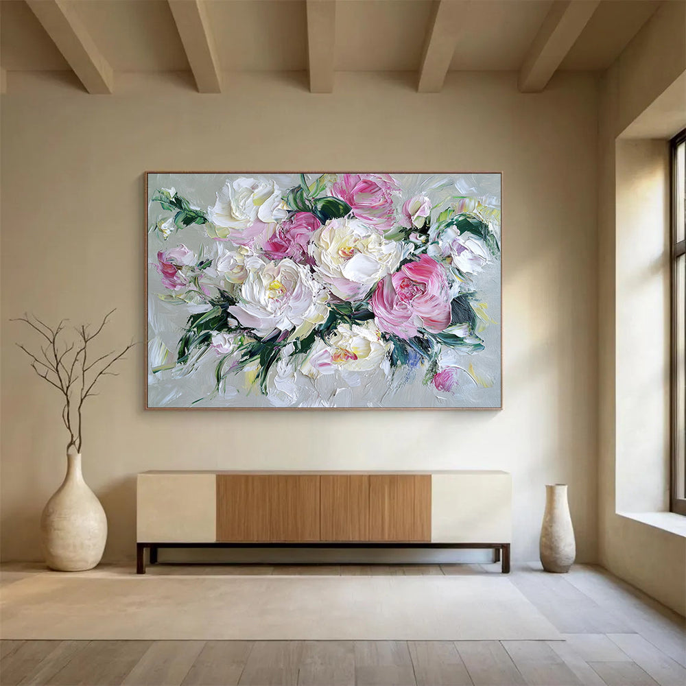 “Blush - Toned Peony Bouquet” - Soft Pinks, Whites, Greens, Textured Peony Flowers - Impasto Oil Painting HB1716