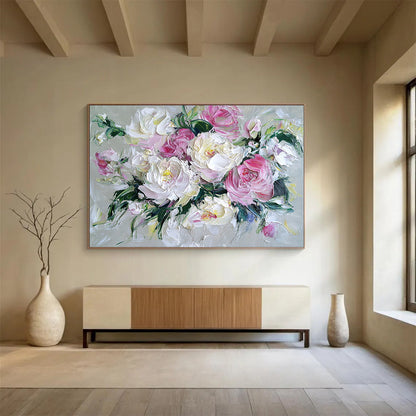 “Blush - Toned Peony Bouquet” - Soft Pinks, Whites, Greens, Textured Peony Flowers - Impasto Oil Painting HB1716