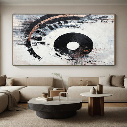 Black, White, Gray, Copper, Concentric Circles "Industrial Echo" Abstract Cubist - Inspired Painting On Canvas HB072