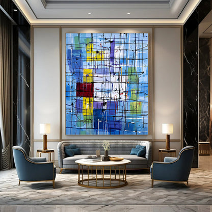 Vibrant contemporary abstract art featuring dynamic lines and shapes with a New York City office backdrop highlighting the complexity of life and emotion. DLZ1236