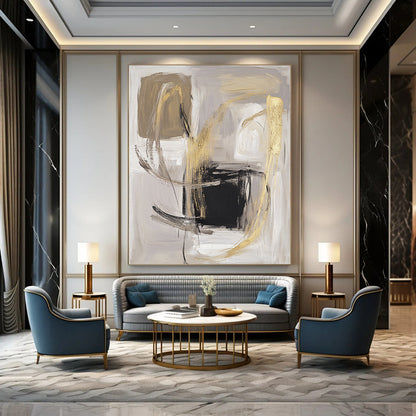 Contemporary abstract artwork featuring bold brush strokes in soft gray and beige with gold accents a minimalistic composition on a white background. DLZ0751