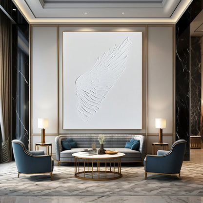 Contemporary abstract art featuring a white wing embossed in acrylic paint on a pristine canvas, showcasing minimalistic elegance and sophistication. DLZ1756